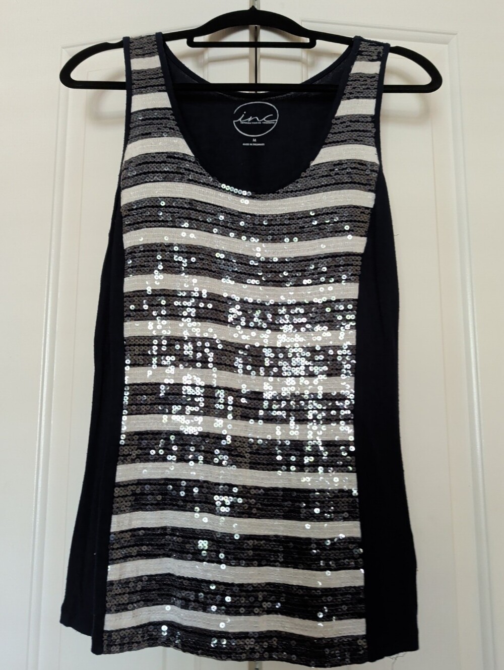 INC International Concepts Navy & White Striped Sequin Tank Size M